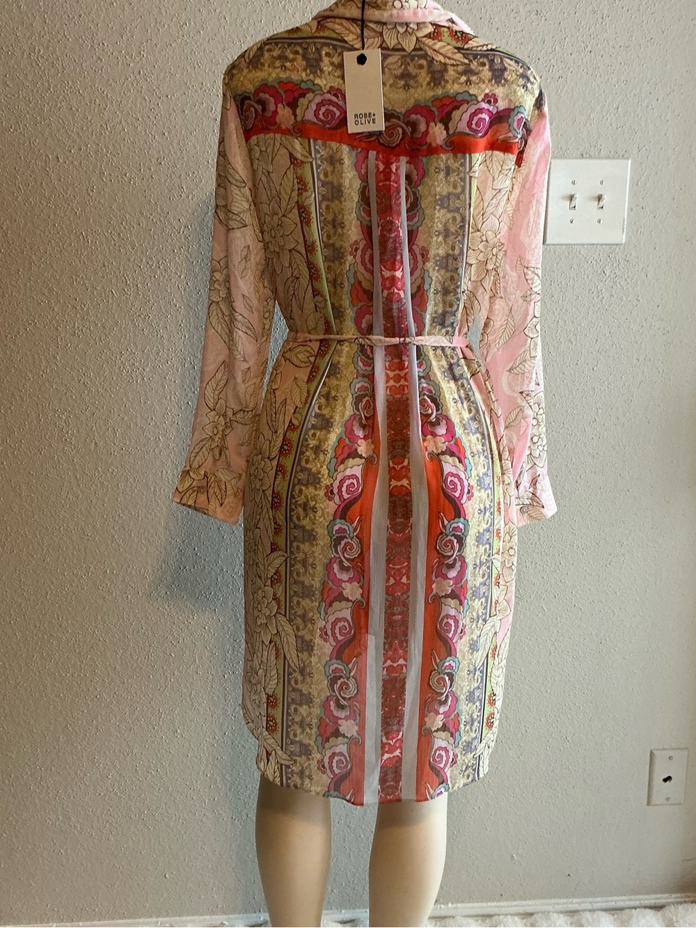 Rose + Olive Women’s Sheer Floral Swimsuit Cover-Up Belted Kimono with Side Slit - Picture 5 of 11